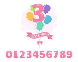 Birthday balloons with number and ribbon, Bunch of balloons for girls birthday party, Pink balloon numbers vector illustration