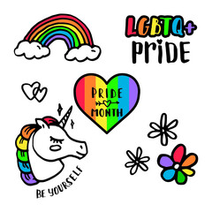 LGBT doodle set. Rainbow unicorn, pride month, hearts and flowers. Vector illustration