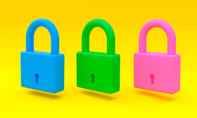 3d illustration, three padlocks of different colors, yellow background, 3d rendering