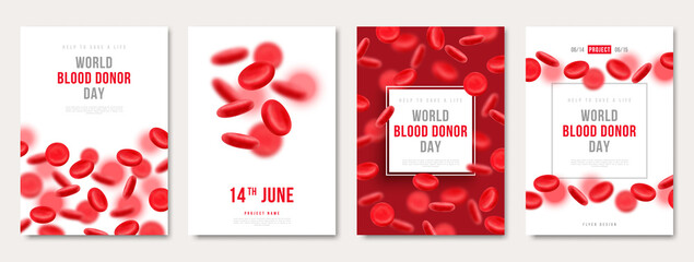 World donor day set of posters or flyers, charity medical design with 3d red cells. Vector illustration. Place for text. Blood Donation save life, hospital background. Anemia hemophilia cards - obrazy, fototapety, plakaty