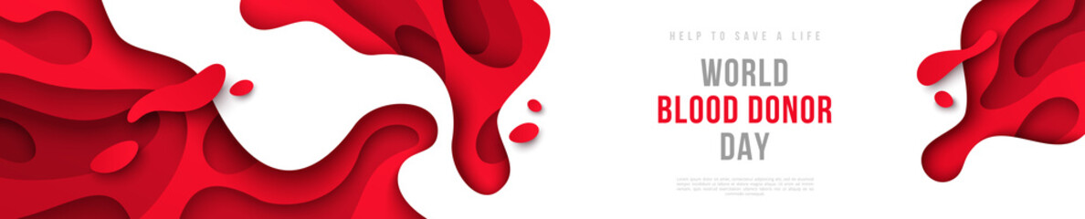 Medical concept header or banner with red abstract paper cut shapes and drops. 14 June World blood donor day. Place for text. Vector illustration. Donation save life. Anemia hemophilia template - obrazy, fototapety, plakaty