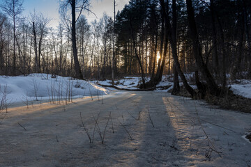 Evening spring landscape, trees by the river, snow and thawed patches. Melting ice and snow.