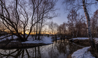 Mystical evening landscape by the river. Sunset through the trees, reflection in the water. Spring rural motif.