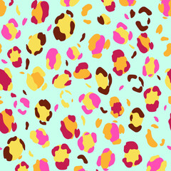Animal leopard vector pattern. Pink, yellow print. Blue background. Wrapping paper. Textile design.
