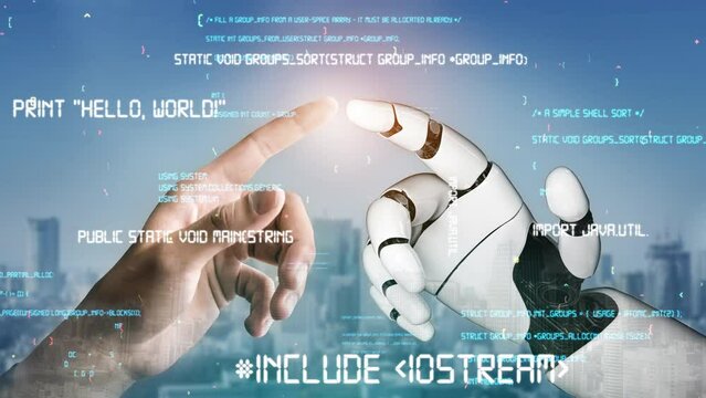 Futuristic robot artificial intelligence revolutionary AI technology development and machine learning concept. Global robotic bionic science research for future of human life. 3D rendering graphic.