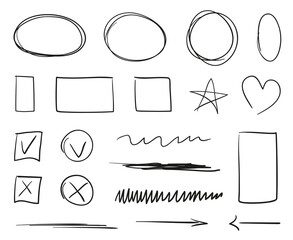 Hand drawn shapes on isolated background. Abstract geometric signs with hatching. Simple arrows. Black and white illustration. Elements for posters and flyers