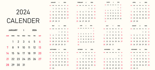 Calendar 2024 year.
simple style desktop, square pocket or wall calendar template. Week starts on Sunday.
Corporate or business calendar.English vector calendar.