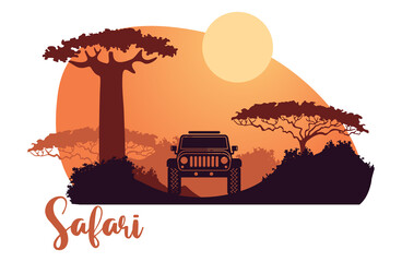 Fototapeta African safari silhouetes with an SUV and sunset obraz