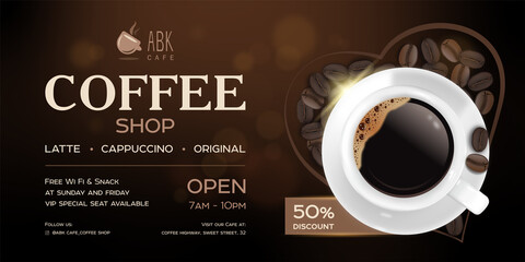 Coffee shop banner with 50% discount on a dark background with a cup and coffee beans in a heart