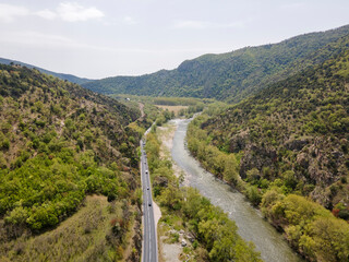 Fototapeta premium Aerial view of Struma River passing through the Kresna Gorge, Bulgaria