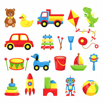 Kid toys. Cartoon plastic colored toy icon. Vector vintage kid play collection