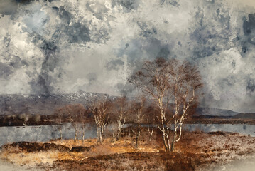 Digital watercolour painting of Beautiful sunset landscape image of bare trees on Rannoch Moor in Scottish Highlands during Winter