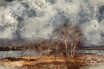 Ingelijste posters Digital watercolour painting of Beautiful sunset landscape image of bare trees on Rannoch Moor in Scottish Highlands during Winter © veneratio