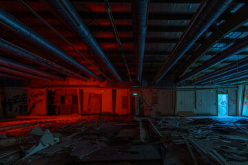 inside an old industrial military base hall with broken electric switch cabinets and pipes at the...
