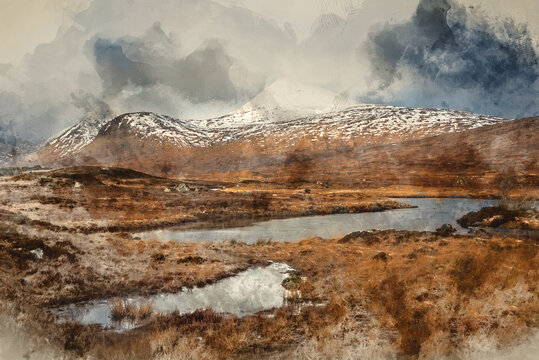 Digital watercolour painting of Majestic Winter panorama landscape image of mountain range and peaks viewed from Loch Ba in Scottish Highlands w