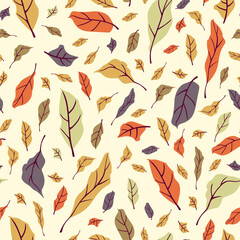 Seamless texture with autumn leaves and fall. Vector pattern of foliage on a light background. Print with leaf.