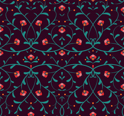 Floral seamless pattern. Vector texture with flowers and leaves on a dark background. Print for souvenirs, textiles, fabrics, home decor. - 501929318