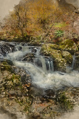 Digital watercolour painting of Stunning vibrant landscape image of Aira Force Upper Falls in Lake District during colorful Autumn showing