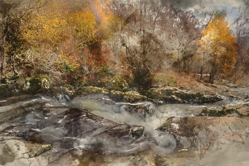 Digital watercolour painting of Stunning vibrant landscape image of Aira Force Upper Falls in Lake District during colorful Autumn showing