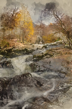 Digital watercolour painting of Stunning vibrant landscape image of Aira Force Upper Falls in Lake District during colorful Autumn showing