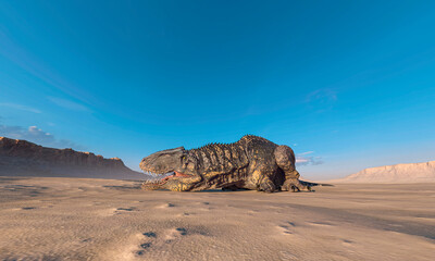 giganotosaurus is lying down on sunset desert bottom view © DM7
