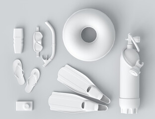 Colorful scuba stuff and beach accessories like umbrellaand sunscreen on white © Vasyl Onyskiv