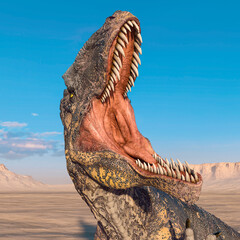 giganotosaurus is with the jaws wide open on sunset desert © DM7