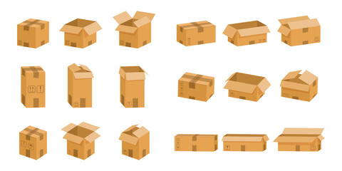 Carton boxes. Open and closed cardboard objects. Vector paper parcel for post delivery