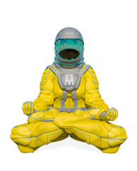 astronaut is doing a lotus yoga pose on white background