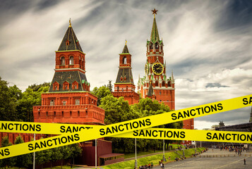 Sanctions caution tape at Moscow Kremlin, Russia