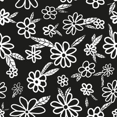 Monochrome retro floral seamless repeat pattern. Random placed, vector flowers with leaves all over surface print on black background.