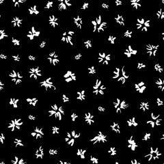 Abstract minimal floral seamless repeat pattern. Random placed, monochrome vector petal all over surface print on black background.