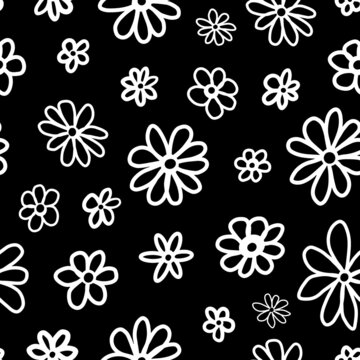 Monochrome retro flower power seamless repeat pattern. Random placed, hand drawn vector floral all over surface print.