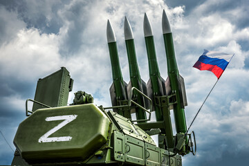 Russian missile system Buk-M2 with Z sign and flag