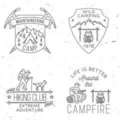 Set of Outdoor adventure badge. Vector. Vintage line art design with camping tent, hiker, dog and hiking stick, campfire, camper tent, pot on the fire, axe and mountain.