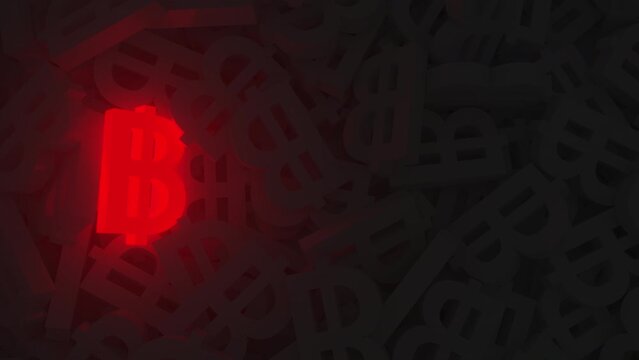 Glowing red Thai baht symbol among the black ones. Loopable motion background