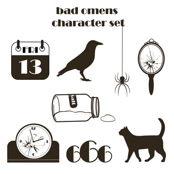 illustration set of signs symbols of failure, bad luck, curses. a set of superstitious symbols - a broken clock, mirror,  a black cat, a raven, spilled salt, Friday the 13th, the number 666