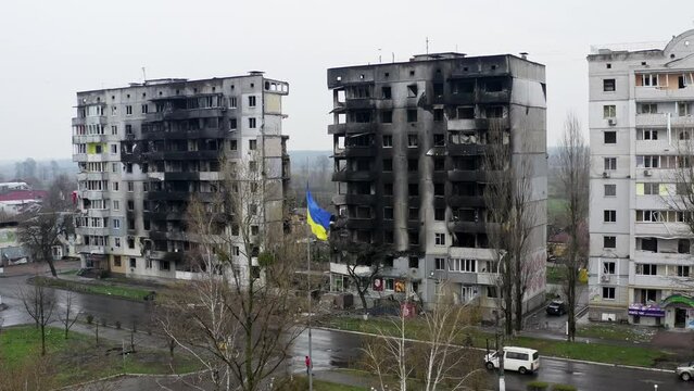 Residential soviet building razed to the ground by heavy airbombs fab500 dropped by Russian bomber plane in Borodianka, Ukraine during Russian agression against Ukraine.