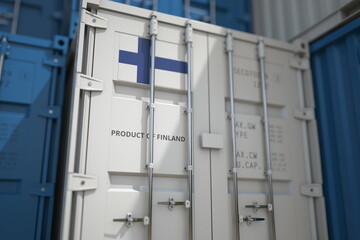 Shipping container with goods from Finland and printed national flag. Production related 3D rendering