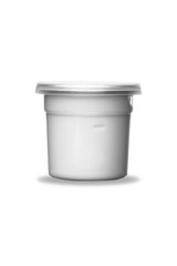 white cream or face mask in transparent package with metal tin lid, isolated on white background with soft shadow