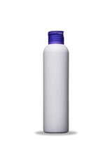Plastic Blank Tall Shampoo Bottle with purple cap. Mockup Isolated on White Background with soft shadow