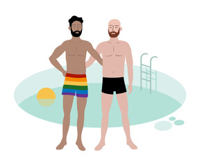 Gay couple by the pool. LGBT swimwear in rainbow colors.