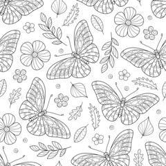 Spring Black and White Hand-drawn Seamless Pattern of Outline Butterflies, Flowers, Leaves, Twigs. Doodle Art.