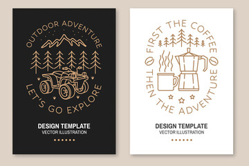 Set of camping template. Vector. Line art flyer, brochure, banner, poster with quad bike, campin cup, Italian coffee maker and forest landscape.