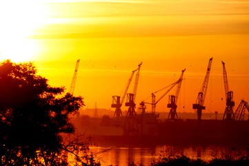 Obraz premium Silhouettes of port cranes on the seashore and against the backdrop of a magnificent sunset sky. Ukraine. Odessa region. Chernomorsk. Black Sea.
