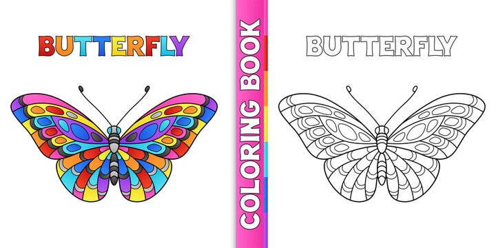 Design of Page for Coloring Book with Cartoon Butterfly for Child's Development. Monochrome Contour and Colorful Objects.