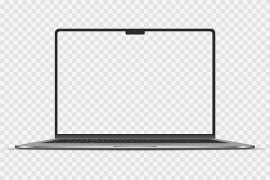 Realistic Darkgrey Notebook with Transparent Screen Isolated. New Laptop. Open Display. Can Use for Project, Presentation. Blank Device Mock Up. Separate Groups and Layers. Easily Editable Vector. PNG