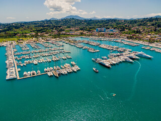 Aerial drone photo of famous Gouvia Marina with luxury yachts and sail boats docked, Corfu island ,...