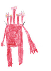 Red monster on a white background, children's drawing with pencils