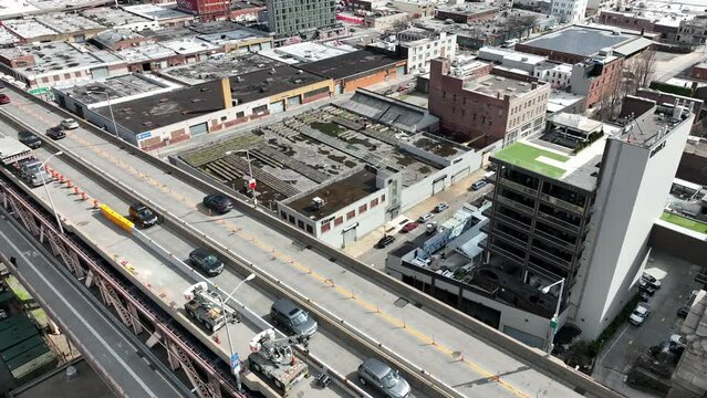 Aerial Flyover Cars Driving Crossing Queensboro Bridge In Queensbridge Astoria Queens New York